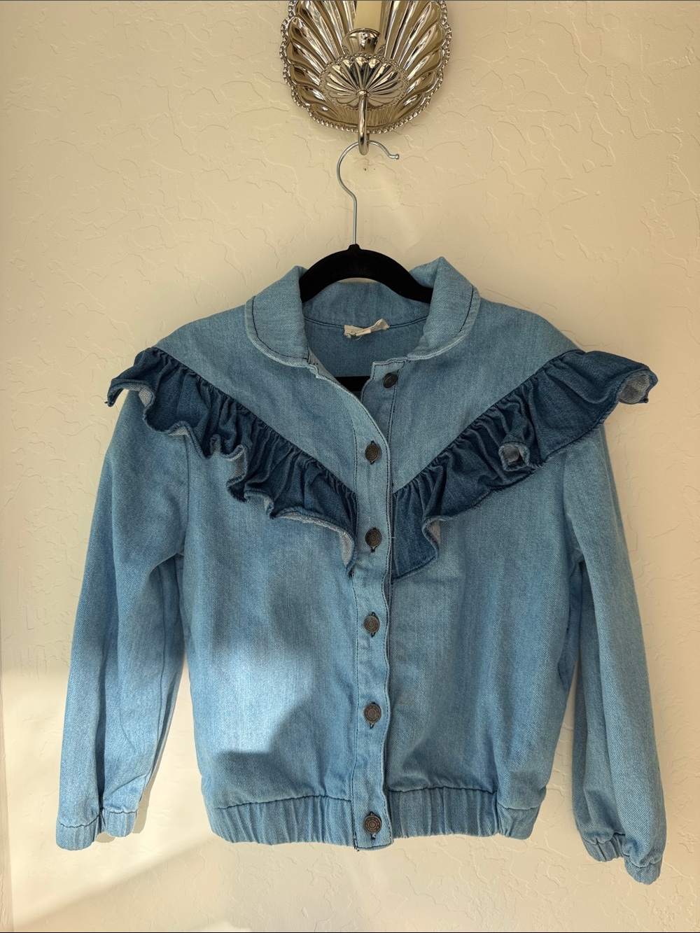 Kids Light Blue Denim Jacket with Ruffle Trim